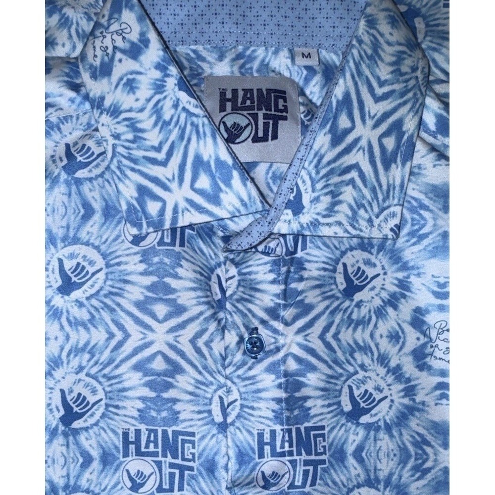 The Hangout Mens Blue Tie Dye Shaka Logo‎ Button Down Short Sleeve Shirt Size M
